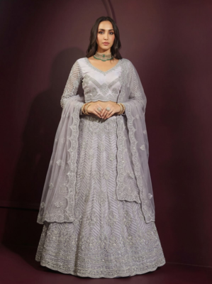 Grey butterfly net fabric with embroidered  resham  sequin   thread work lehengas for your wedding look 1
