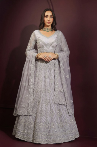 Grey butterfly net fabric with embroidered, resham, sequence, thread work lehengas for your wedding look