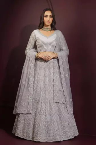 Grey butterfly net fabric with embroidered, resham, sequence, thread work lehengas for your wedding look