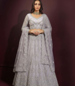 Grey butterfly net fabric with embroidered, resham, sequence, thread work lehengas for your wedding look