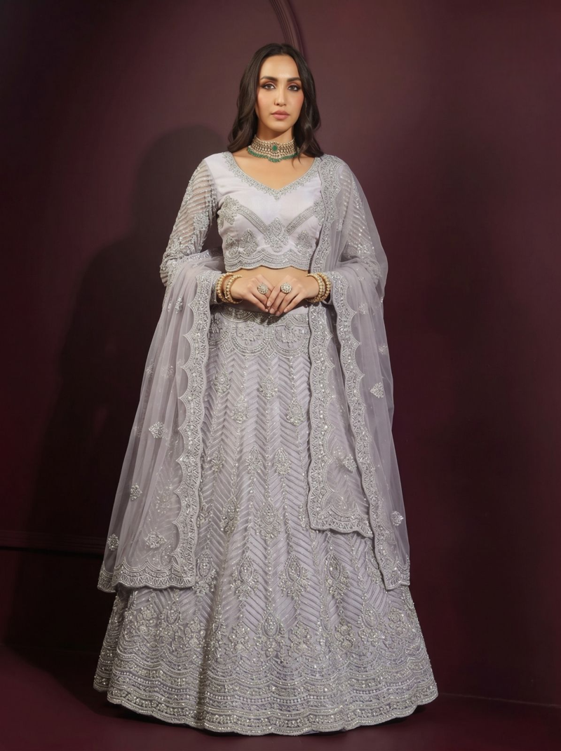 Grey butterfly net fabric with embroidered, resham, sequence, thread work lehengas for your wedding look