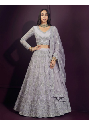 Grey butterfly net fabric with embroidered  resham  sequin   thread work lehengas for your wedding look 2