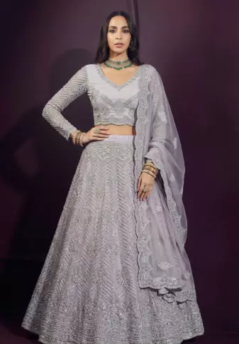 Grey butterfly net fabric with embroidered, resham, sequence, thread work lehengas for your wedding look