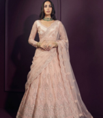 Peach butterfly net fabric with embroidered, resham, sequence, thread work lehengas for your wedding look