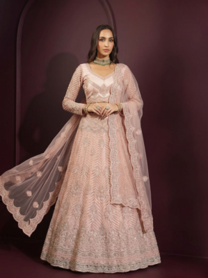Peach butterfly net fabric with embroidered, resham, sequence, thread work lehengas for your wedding look 2