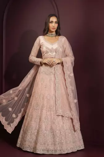 Peach butterfly net fabric with embroidered, resham, sequence, thread work lehengas for your wedding look