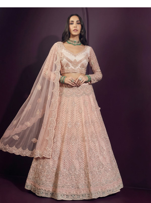 Peach butterfly net fabric with embroidered, resham, sequence, thread work lehengas for your wedding look 3
