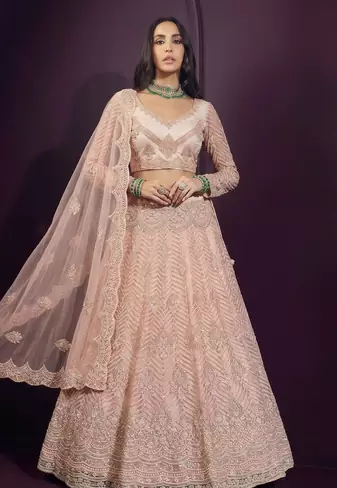 Peach butterfly net fabric with embroidered, resham, sequence, thread work lehengas for your wedding look