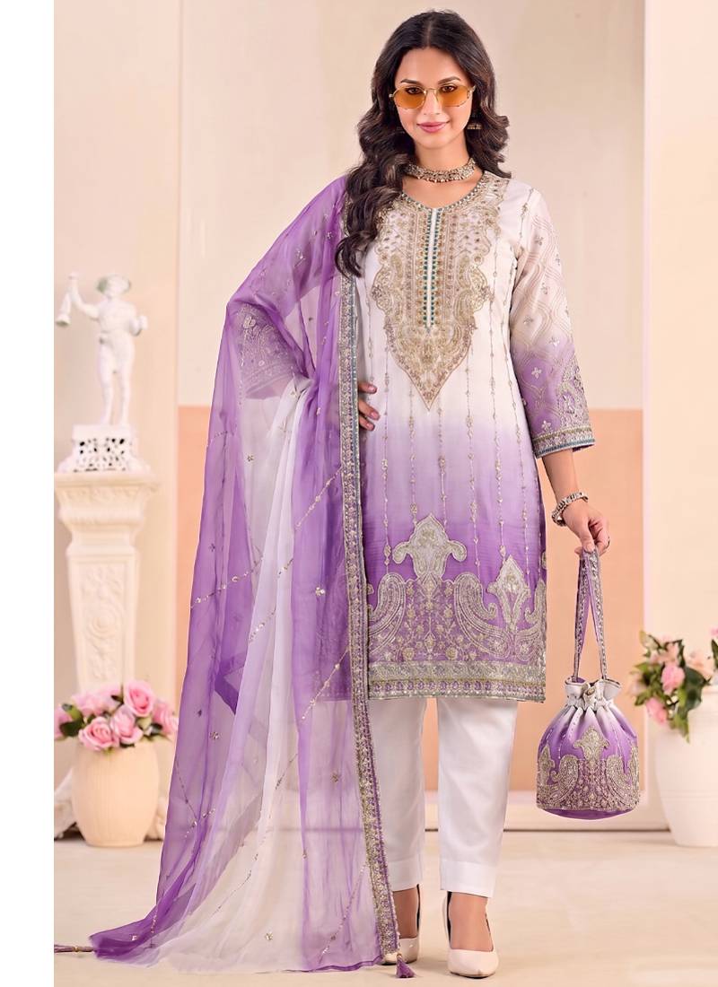 Designer purple ombre straight suit for women with hand embroidery