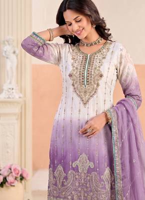 Designer purple ombre straight suit for women with hand embroidery 2