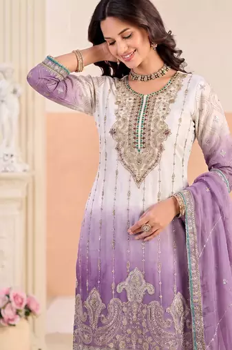 Designer purple ombre straight suit for women with hand embroidery