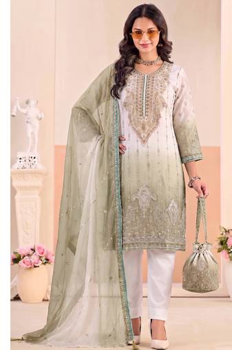 Designer green ombre straight suit for women with hand embroidery