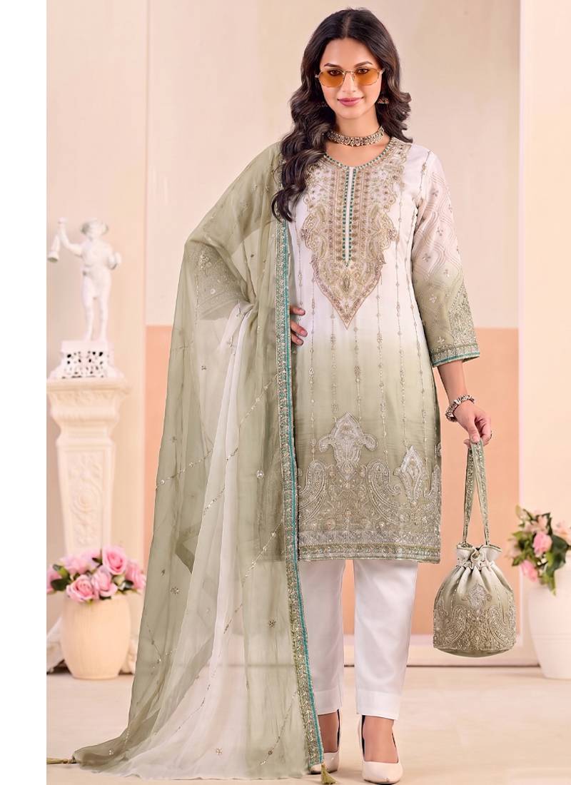 Designer green ombre straight suit for women with hand embroidery