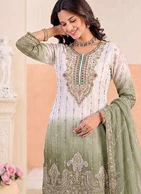 Designer green ombre straight suit for women with hand embroidery 2