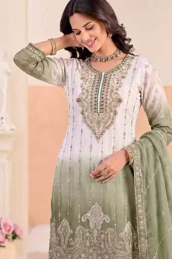 Designer green ombre straight suit for women with hand embroidery
