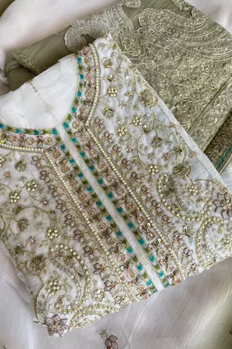 Designer green ombre straight suit for women with hand embroidery