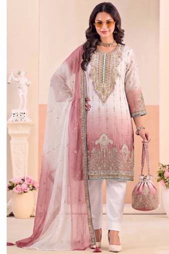 Designer pink ombre straight suit for women with hand embroidery