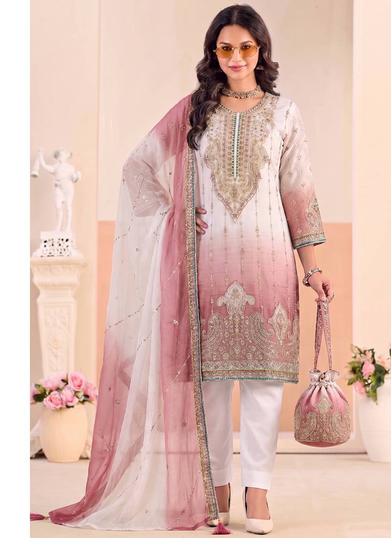 Designer pink ombre straight suit for women with hand embroidery