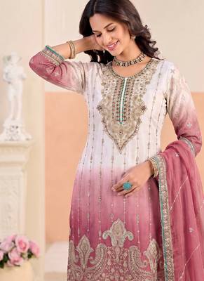 Designer pink ombre straight suit for women with hand embroidery 2