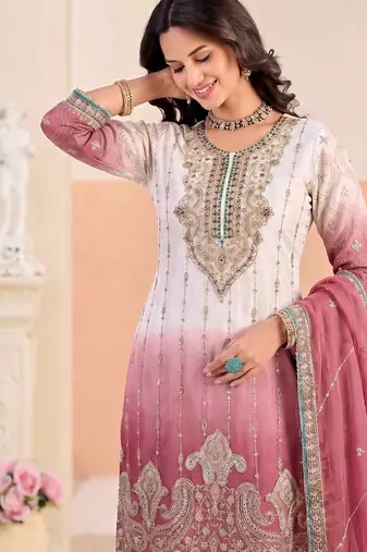 Designer pink ombre straight suit for women with hand embroidery