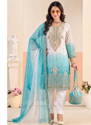 Designer sky blue ombre straight suit for women with hand embroidery 1