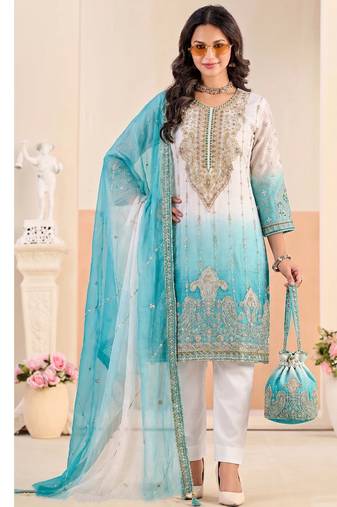 Designer sky blue ombre straight suit for women with hand embroidery