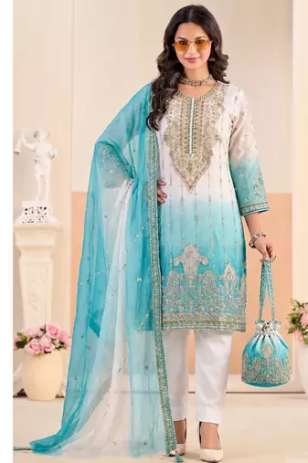 Designer sky blue ombre straight suit for women with hand embroidery