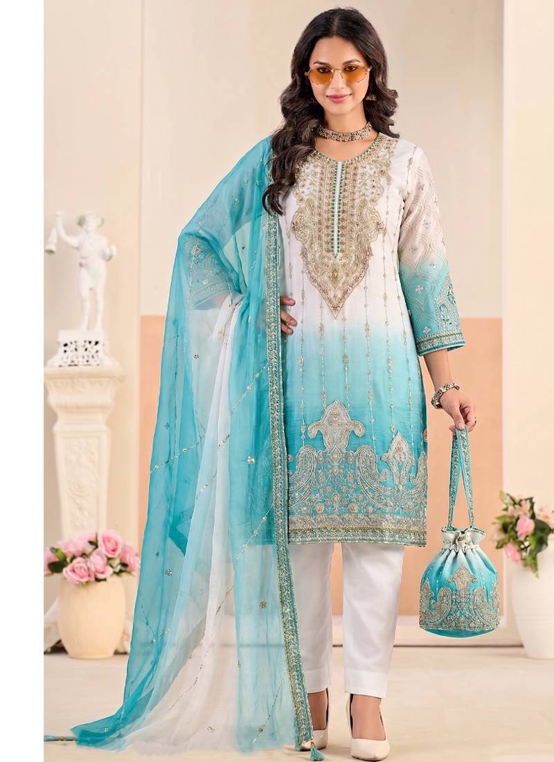 Designer sky blue ombre straight suit for women with hand embroidery