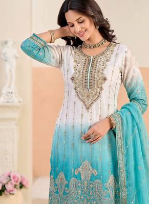 Designer sky blue ombre straight suit for women with hand embroidery 2