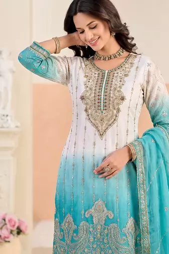 Designer sky blue ombre straight suit for women with hand embroidery