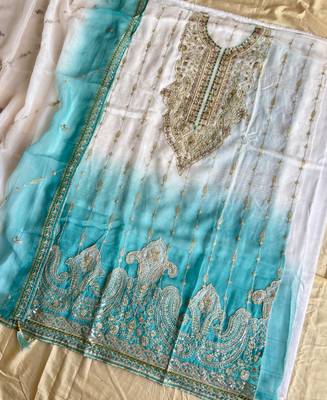 Designer sky blue ombre straight suit for women with hand embroidery 3