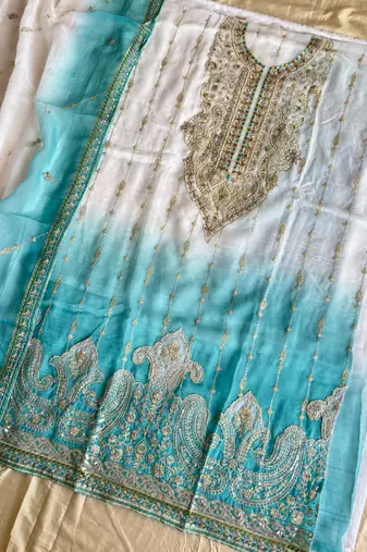 Designer sky blue ombre straight suit for women with hand embroidery