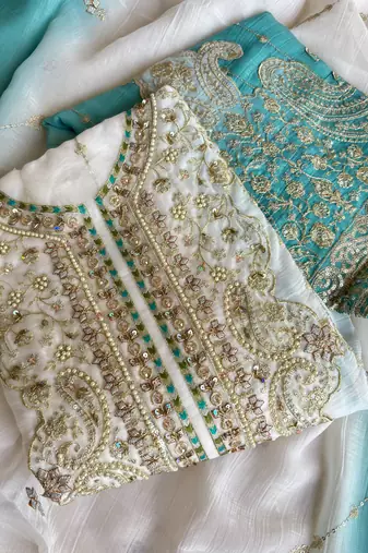 Designer sky blue ombre straight suit for women with hand embroidery