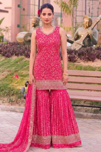 Pink bandhani printed heavy emrboidery worked sharara suit ethnic wear