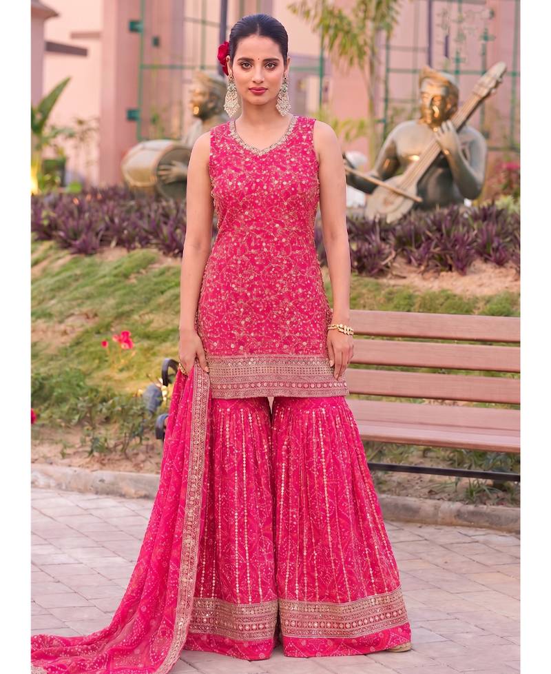 Pink bandhani printed heavy emrboidery worked sharara suit ethnic wear