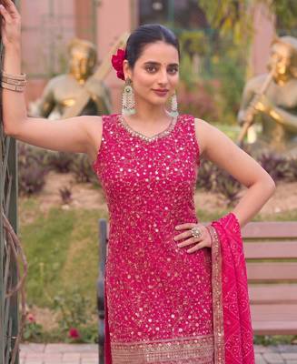 Pink bandhani printed heavy emrboidery worked sharara suit ethnic wear 2