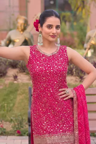 Pink bandhani printed heavy emrboidery worked sharara suit ethnic wear