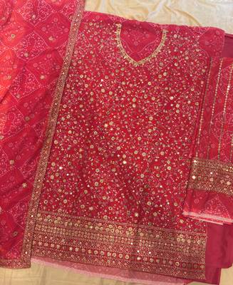 Pink bandhani printed heavy emrboidery worked sharara suit ethnic wear 4
