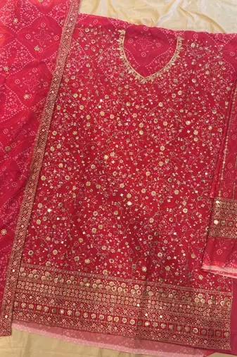 Pink bandhani printed heavy emrboidery worked sharara suit ethnic wear