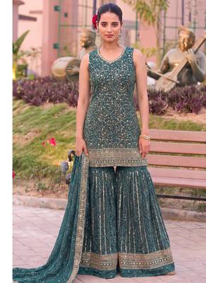 Teal bandhani printed heavy emrboidery worked sharara suit ethnic wear 1