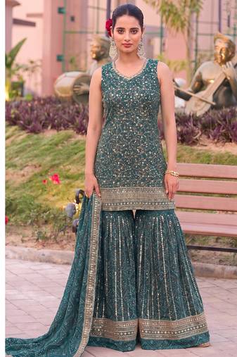 Teal bandhani printed heavy emrboidery worked sharara suit ethnic wear