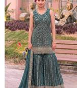 Teal bandhani printed heavy emrboidery worked sharara suit ethnic wear