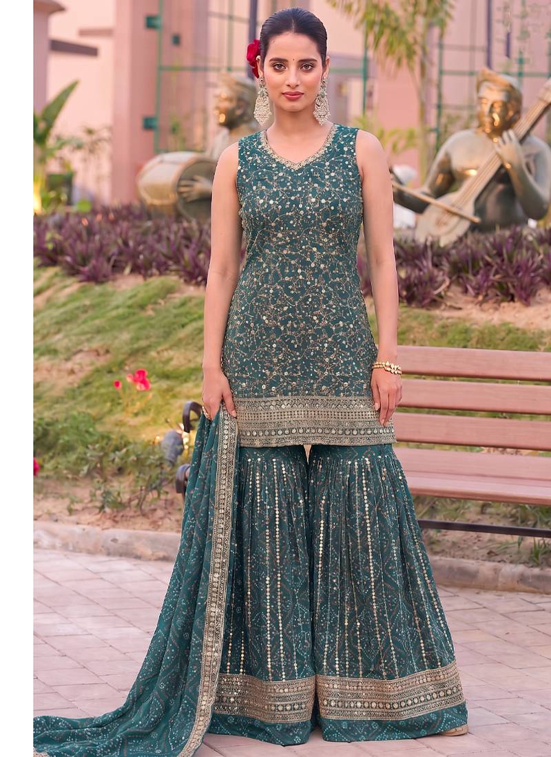 Teal bandhani printed heavy emrboidery worked sharara suit ethnic wear