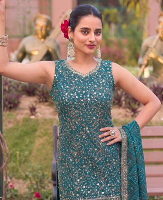 Teal bandhani printed heavy emrboidery worked sharara suit ethnic wear 2