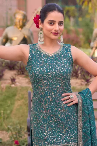 Teal bandhani printed heavy emrboidery worked sharara suit ethnic wear