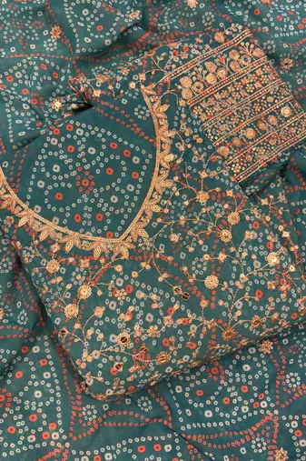 Teal bandhani printed heavy emrboidery worked sharara suit ethnic wear