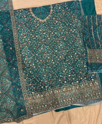 Teal bandhani printed heavy emrboidery worked sharara suit ethnic wear 4