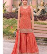 Orange bandhani printed heavy emrboidery worked sharara suit ethnic wear