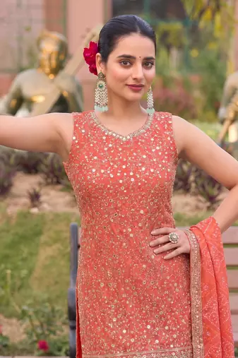 Orange bandhani printed heavy emrboidery worked sharara suit ethnic wear