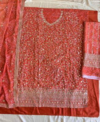 Orange bandhani printed heavy emrboidery worked sharara suit ethnic wear 4